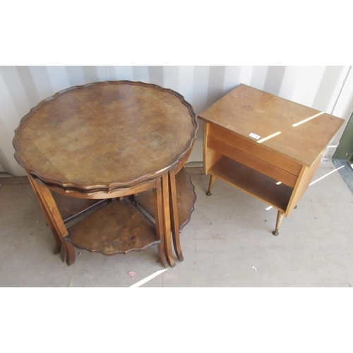 298 - Reproduction burr walnut nest of tables, D65cm and a mid-century teak sewing box on tapered legs, (2... 