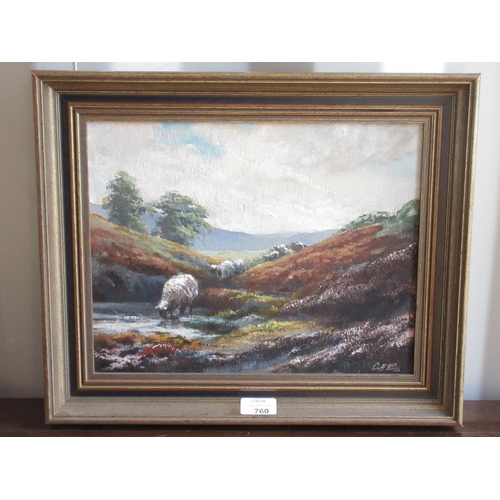 760 - Geoff Binns (20th century): 'Sheep on Moors', oil on board signed, titled on artist's address label ... 