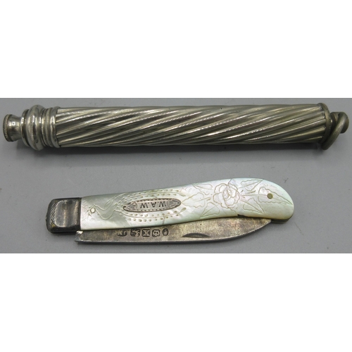 113 - Victorian silver fruit knife with mother of pearl handle by Joseph Mappin & Son, Sheffield, 1842, an... 