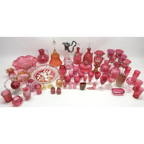 333 - Large collection of cranberry glass including decanters, hand painted glasses, goblets, jugs, bowls ... 