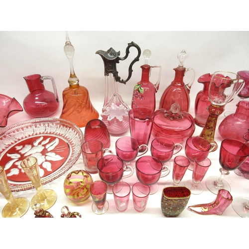 333 - Large collection of cranberry glass including decanters, hand painted glasses, goblets, jugs, bowls ... 