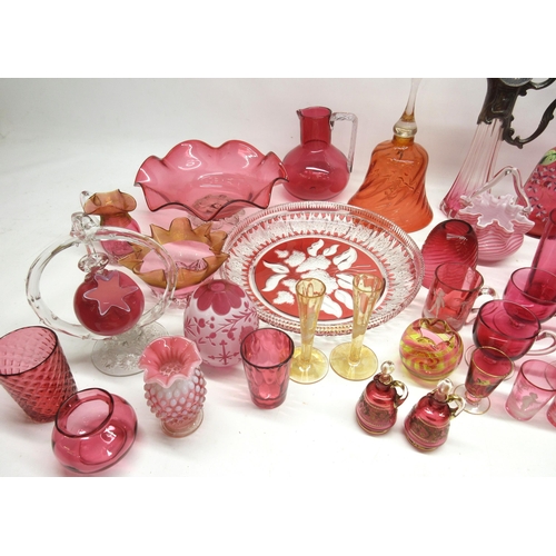 333 - Large collection of cranberry glass including decanters, hand painted glasses, goblets, jugs, bowls ... 