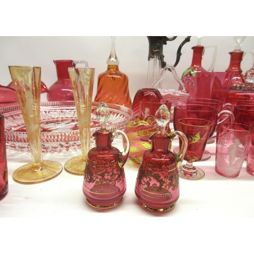 333 - Large collection of cranberry glass including decanters, hand painted glasses, goblets, jugs, bowls ... 