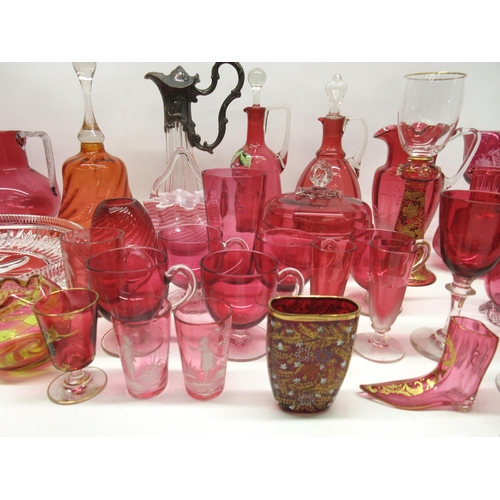 333 - Large collection of cranberry glass including decanters, hand painted glasses, goblets, jugs, bowls ... 