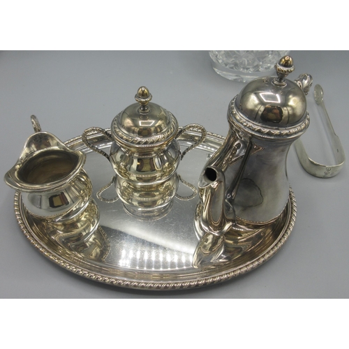 602 - Silver three piece tea set with tray all stamped 925, Georgian silver pair of fiddle pattern sugar t... 