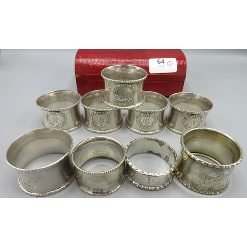 64 - George V silver cased set of five matching monogrammed napkin rings by Mappin & Webb Ltd, Birmingham... 