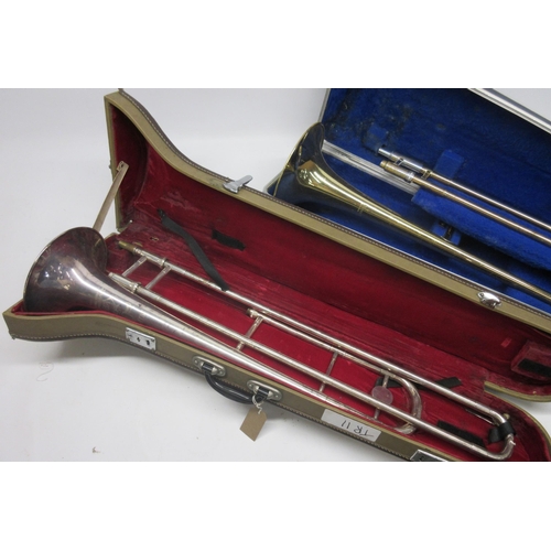 69 - Two cased trombones, J. R. Lafleur & Sons Ltd silver plate trombone, and a Barratts of Manchester br... 