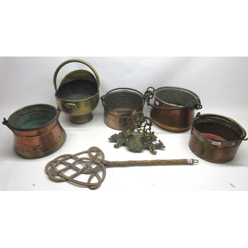 412 - Brass rococo style desk stand, four Eastern copper pans max. D29cm, brass coal scuttle, and a carpet... 