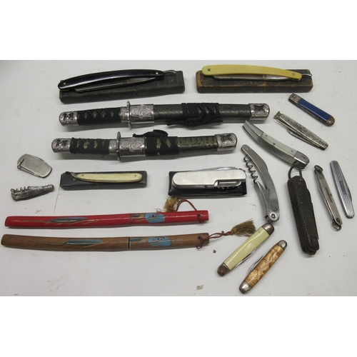 114 - Large collection of edged blades incl, four katana style letter openers, folding pen knives and thre... 