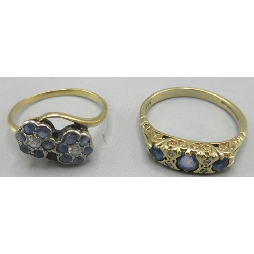 152 - Yellow metal diamond and sapphire double floral cluster ring, unmarked, size L, and a yellow metal s... 