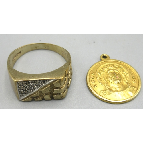 171 - 9ct yellow gold Ecce Homo pendant, and a gents 9ct gold textured rectangular faced ring set with dia... 