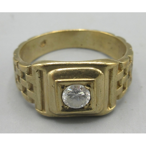 172 - 9ct yellow gold gents ring set with large clear stone, size W1/2, stamped 375, 6.30g