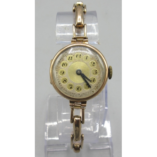 174 - Early 20th century ladies 9ct rose gold wristwatch on expanding bracelet, with engraved initial to b... 