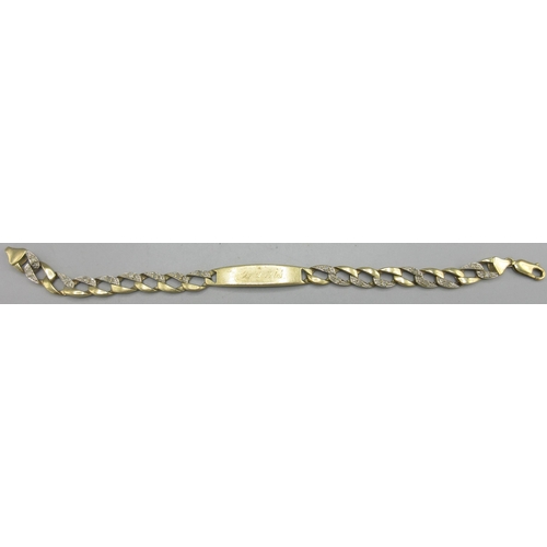 175 - 9ct yellow gold identity bracelet set with diamond chips, engraved 'Dennis', L20cm, 16.44g