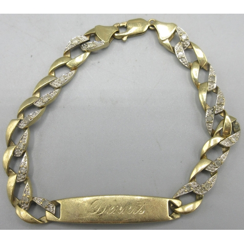 175 - 9ct yellow gold identity bracelet set with diamond chips, engraved 'Dennis', L20cm, 16.44g