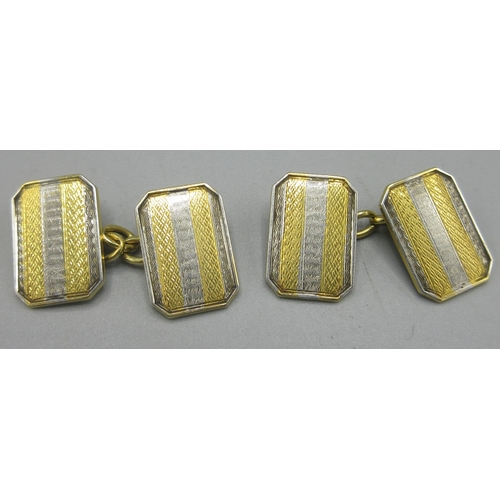 182 - 18ct yellow gold and platinum cufflinks with squared corners and engine turned detail, stamped 18ct ... 