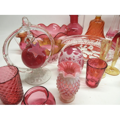 333 - Large collection of cranberry glass including decanters, hand painted glasses, goblets, jugs, bowls ... 