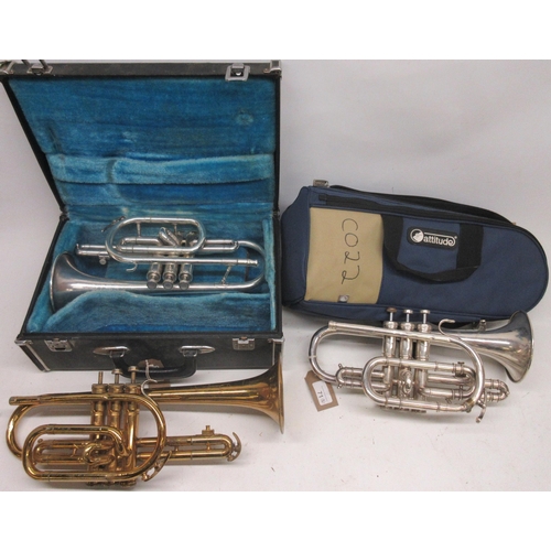 71 - Cased silver plate Apollo Cornet, and a Barratts of Manchester silver plate cornet, and a King Cleve... 