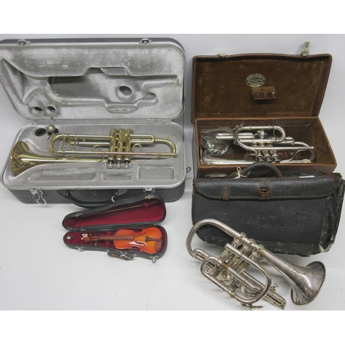 74 - Cased Mirage brass trumpet,  Boosey & Co Class A cornet in case, Besson & Co Class A 'prototype' cor... 