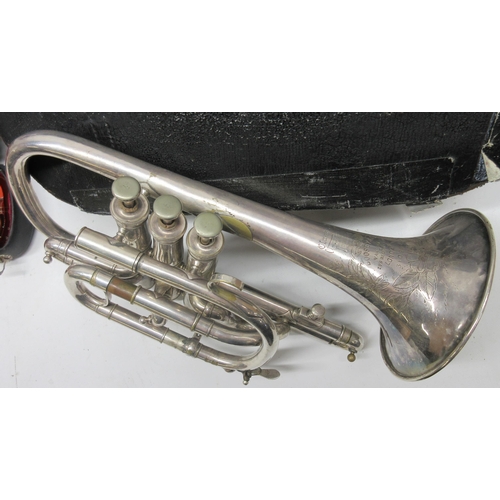 74 - Cased Mirage brass trumpet,  Boosey & Co Class A cornet in case, Besson & Co Class A 'prototype' cor... 