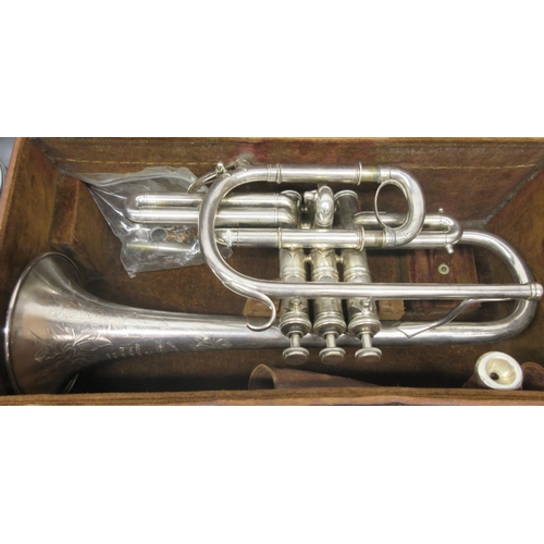 74 - Cased Mirage brass trumpet,  Boosey & Co Class A cornet in case, Besson & Co Class A 'prototype' cor... 