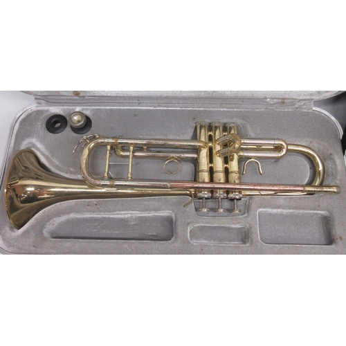 74 - Cased Mirage brass trumpet,  Boosey & Co Class A cornet in case, Besson & Co Class A 'prototype' cor... 