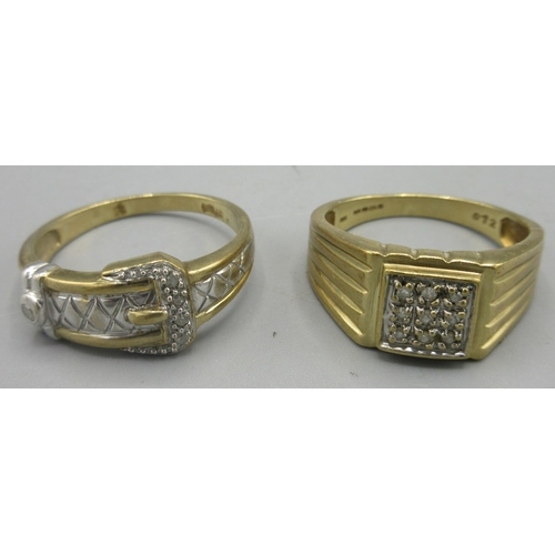 178 - 9ct multi tone gold ring in the form of a belt , set with diamond chips, size X, and another 9ct yel... 