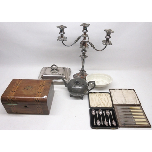 202 - Copeland jelly mould, W21.5cm; EPNS three branch candelabra; EPNS entrée dish; two cased sets of EPN... 