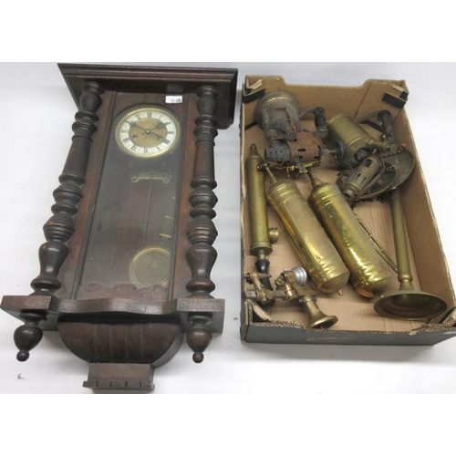 203 - Two G.P.O. Pyrene brass fire extinguishers, L34cm; Max Sievert brass blow lamp, H22cm; watch maker's... 