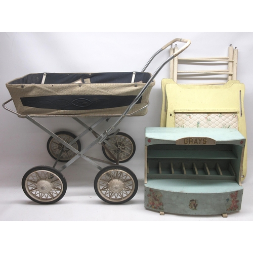 235 - 1970's Westline doll's pram, chrome plated folding frame, H71cm; doll's cot and early 1970's doll's ... 