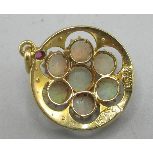 3 - 18ct yellow gold cluster pendant set with five opals, surrounded by a seed pearl set border, with si... 