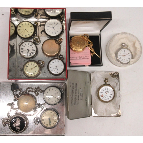 503 - Swiss silver keyless pin set pocket watch, cream enamel Roman dial, subsidiary seconds, hinged case ... 