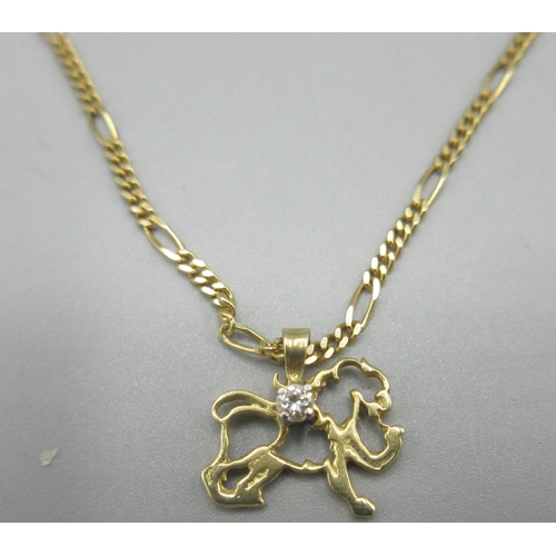 8 - 14ct yellow gold necklace with tiger pendant set with single diamond, stamped 14k, 4.86g