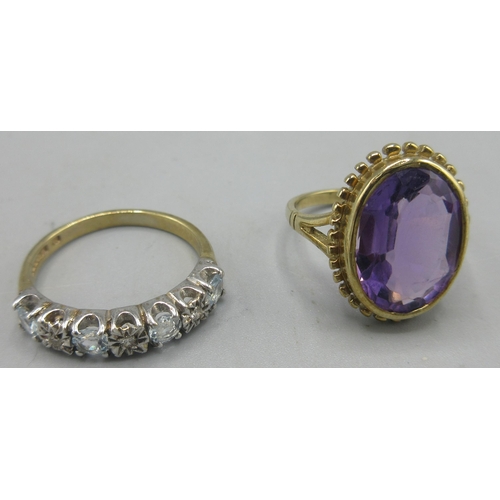 19 - 9ct gold ring set with oval cut amethyst, size K 1/2, and a 9ct gold ring set with diamonds and pale... 