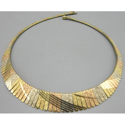 22 - 18ct multi tone articulated necklace with textured detail, stamped 750, 41cm, 36.4g