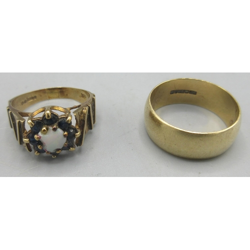 189 - 9ct yellow gold wedding band, size Q, and a blue stone and opal cluster ring, size N1/2, both stampe... 