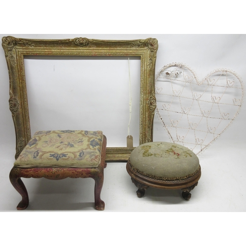 248 - Victorian oval walnut footstool with wool work top and another French style footstool, wooden gilt p... 