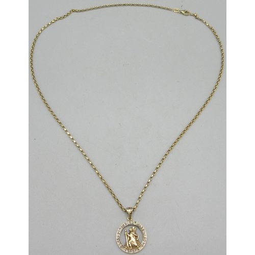 685 - 9ct yellow gold St. Christopher pendant with diamond chip border, on 9ct yellow gold belcher chain, ... 