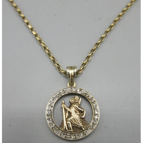 685 - 9ct yellow gold St. Christopher pendant with diamond chip border, on 9ct yellow gold belcher chain, ... 