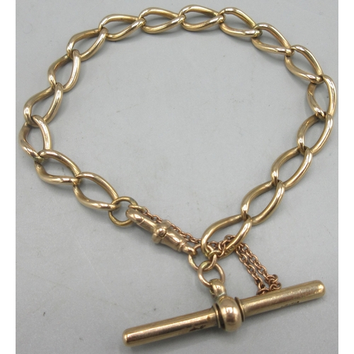 697 - 9ct rose gold chain link bracelet with attached T bar and dog clip clasp, stamped 375, 20.48g