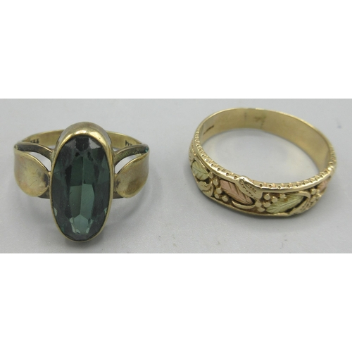 698 - 9ct yellow multi tone band ring with half foliage decoration, stamped 375, V1/2, 4.13g, and a 8ct ye... 