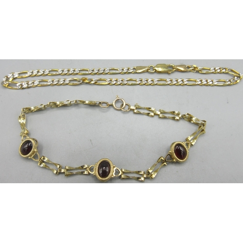 699 - 9ct yellow gold bracelet set with cabochon cut red stones, 19cm, and a 9ct multi tone gold bracelet ... 