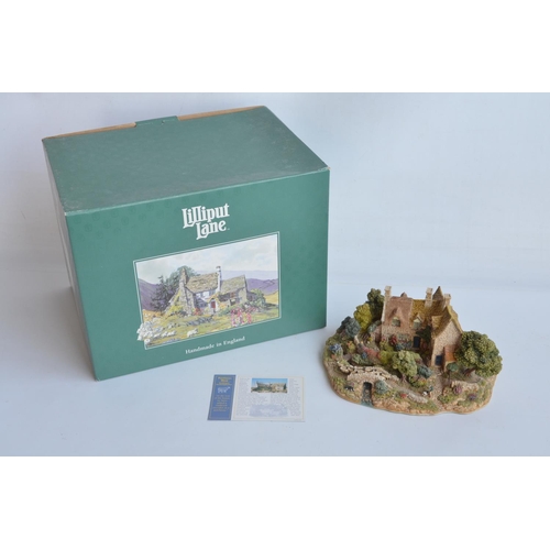 392 - Lilliput Lane L2142 'Pastures New' large hand-painted scenic set cottage model with deed card, box a... 