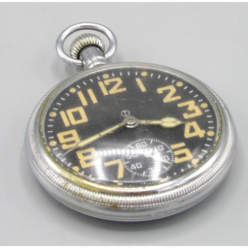 501 - WWII British Military Issue Waltham keyless pocket watch, black Arabic dial, subsidiary seconds, scr... 