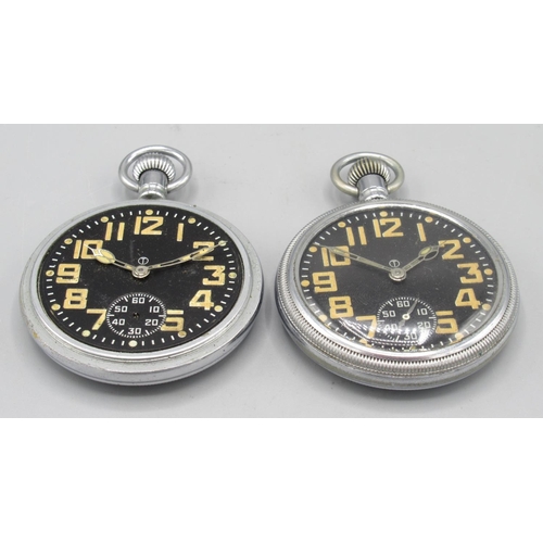 502 - WWII British Military Issue Waltham keyless pocket watch, black Arabic dial, subsidiary seconds, scr... 