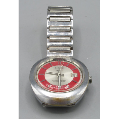 516 - Sicura plated wristwatch with date, signed sunburst dial, applied baton indices, centre seconds, sig... 