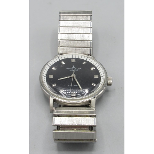 517 - Favre-Leuba Sea-King stainless steel wristwatch, signed black dial, facetted block indices, centre s... 