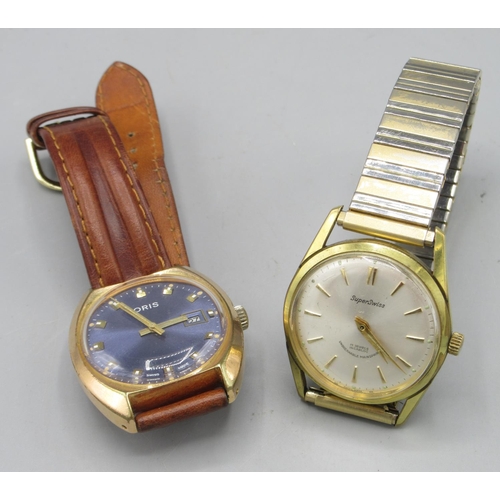 519 - Oris gold plated wristwatch with date, signed blue fumé dial, applied block indices, centre seconds,... 