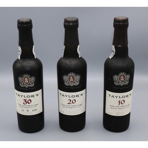 132 - Taylor's Tawny port 37.5cl bottles: 10 yr old bottled 2007, 20 yr old bottled 2011, and 30 yr old bo... 