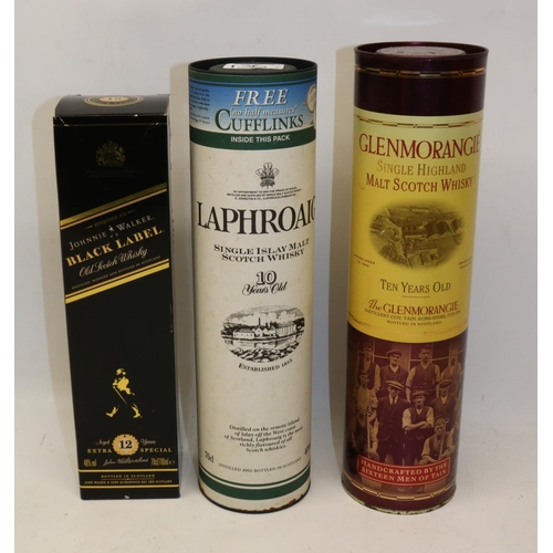 136 - Laphroaig 10 years old single malt Scotch Whisky in gift tube; Johnnie Walker Black Label Old Scotch... 